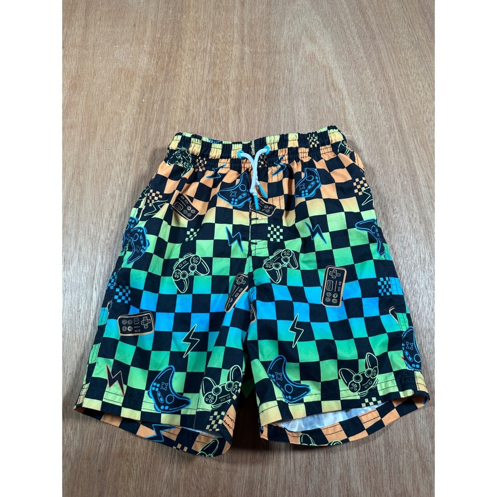 Kinnly Swim Trunks Boys Size 5/6 Black Green Gamer Checkered Video Game Shorts